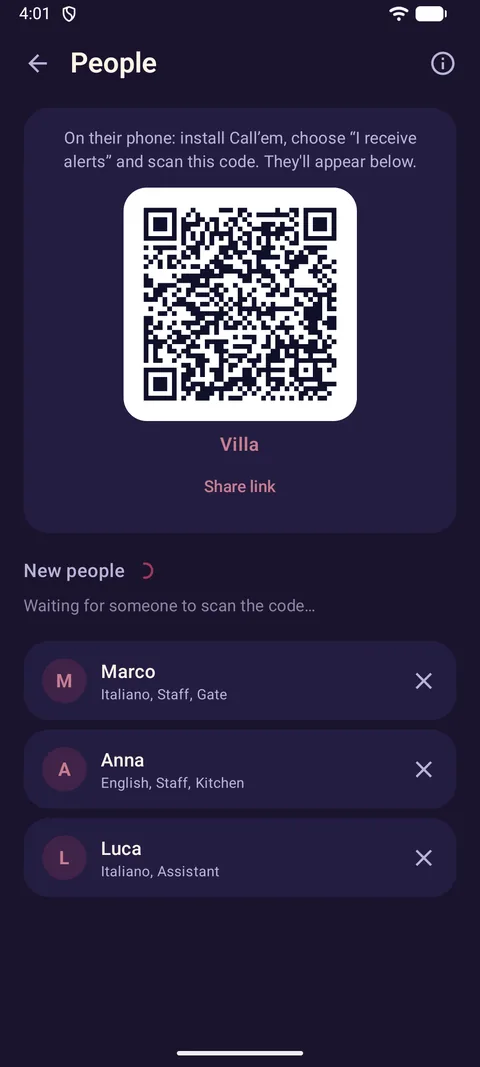 People screen with QR code and the people Marco, Anna and Luca